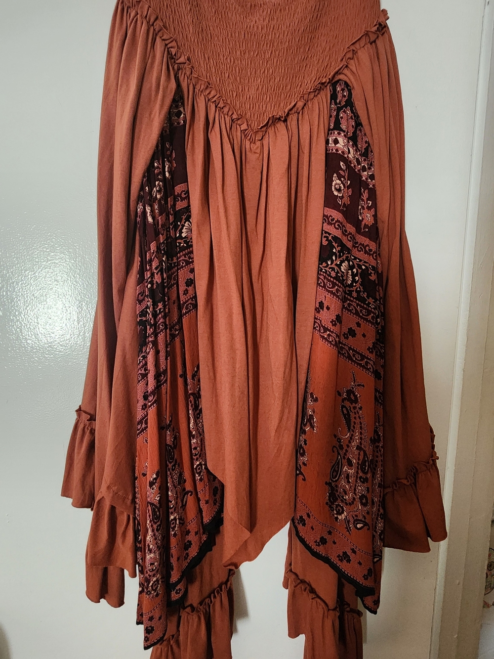 Smocked Waist Asymmetrical Skirt in Rust with Bandana Panels - Picture 2 of 4